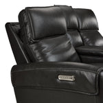 Theo Leather Dual Power Reclining Loveseat with Console - Charcoal close-up of arm-mounted power controls and USB charging port