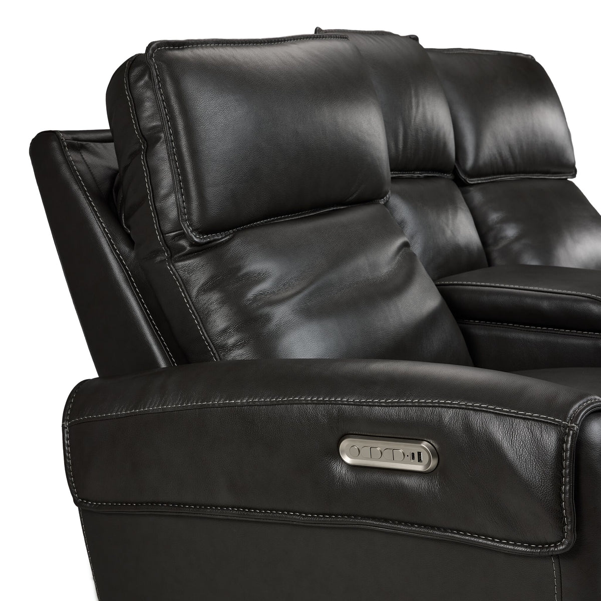 Theo Leather Dual Power Reclining Loveseat with Console - Charcoal close-up of arm-mounted power controls and USB charging port