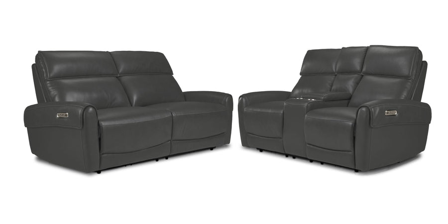 Theo Leather Dual Power Reclining Sofa and Loveseat Set - Granite with padded headrests, curved arms and centre console on the loveseat