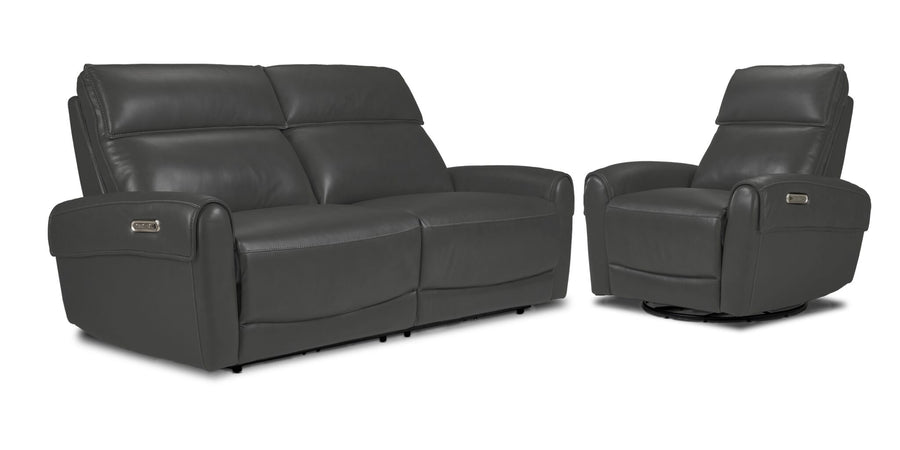 Theo Leather Dual Power Reclining Loveseat with Console - Charcoal shown at an angle with padded headrests, centre console and cupholders