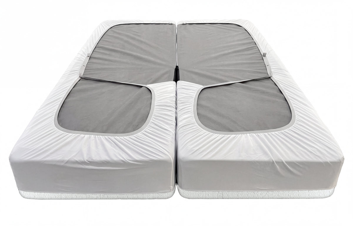 Tencel Dream split head mattress protector shown fitted over two mattress sections, highlighting the centre split and fitted elastic sides