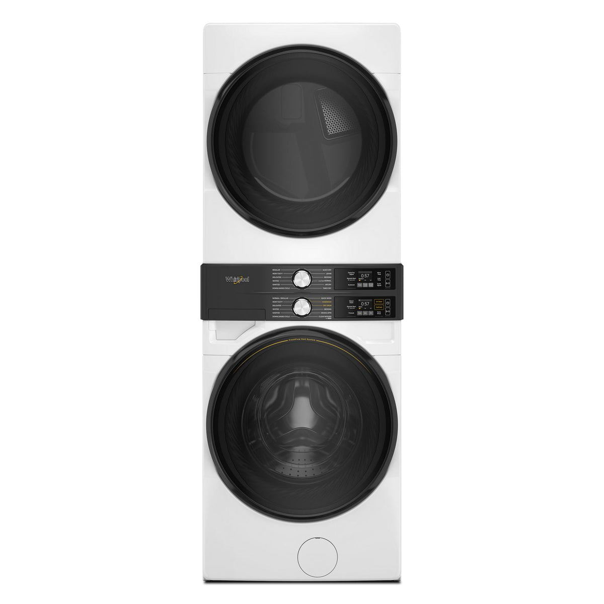 Whirlpool White Front Load Laundry Tower with FreshFlowTM Vent System and UV Clean Technology (5.2 cu. ft. Washer & 7.4 cu. ft. Electric Dryer) - YWEF5727TW