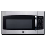 GE stainless steel over-the-range microwave with black window and right-side touch control panel