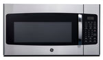 GE stainless steel over-the-range microwave with black window and right-side touch control panel