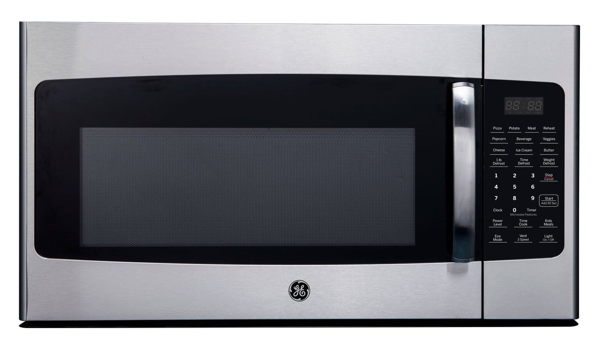 GE stainless steel over-the-range microwave with black window and right-side touch control panel