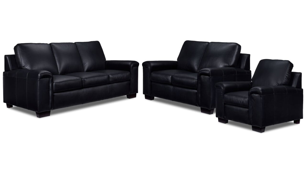 Icon Leather Sofa, Loveseat and Chair Set - Black with matching padded seating and dark wood feet