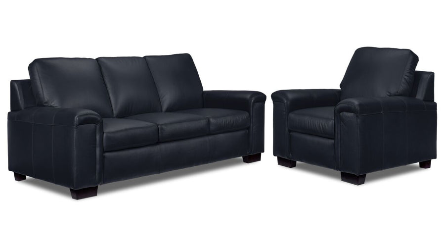 Icon Leather Sofa and Chair Set - Navy with matching three-seat sofa and chair arranged together