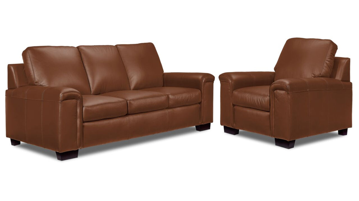 Icon Leather Sofa and Chair Set - Saddle with matching three-seat sofa and chair arranged together